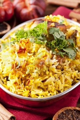 Basmati rice cooked with curried lamb and spices